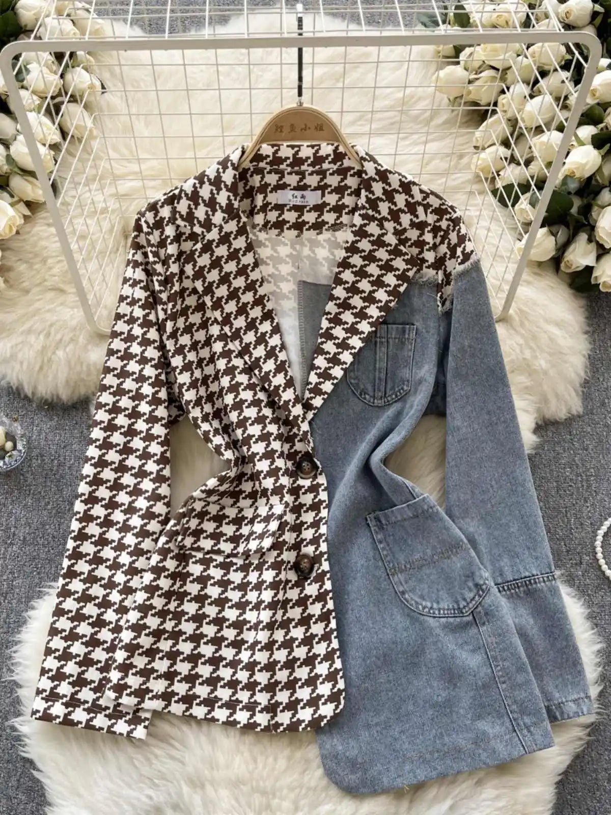 Giacca patchwork in denim con rever 2025 – blazer overshirt donna doppio bottone, vita slim, stile commuter