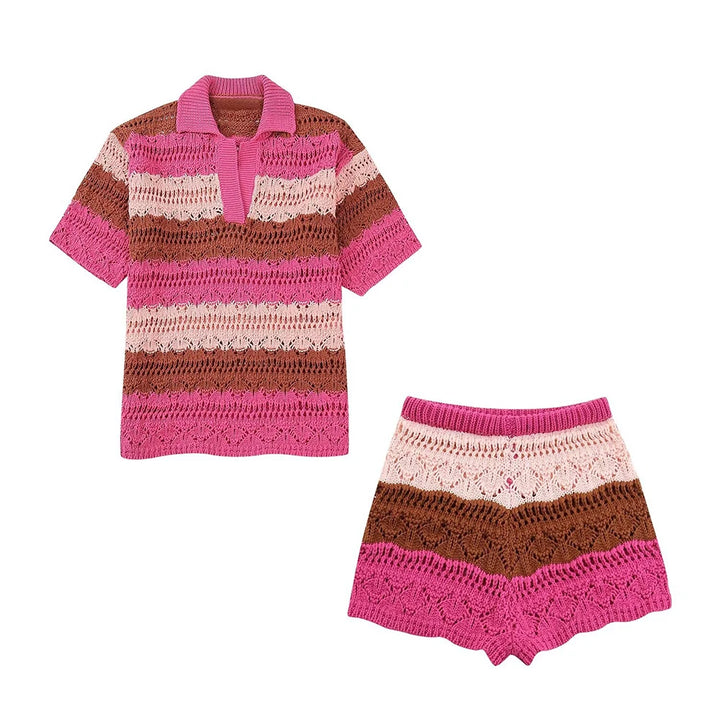 Co-ord estivo donna 2025 — Set maglia jacquard a righe con cardigan e shorts