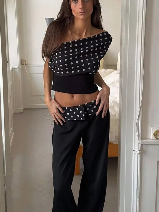 Weird Puss Polka Dots Print T-Shirts Women Summer Trend Skew Collar Off Shoulder Backless Street Fashion Trend Ruched Crop Tops