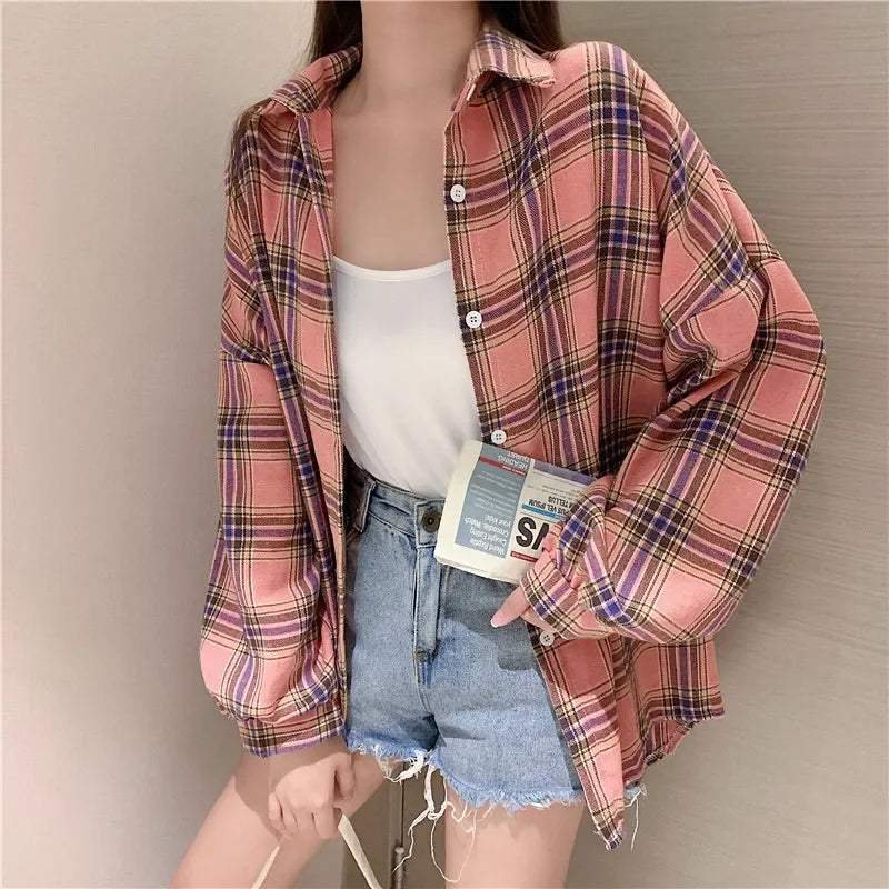 Camicia a quadri donna autunno 2025 – camicia manica lunga stile preppy vintage, taglio loose, single-breasted
