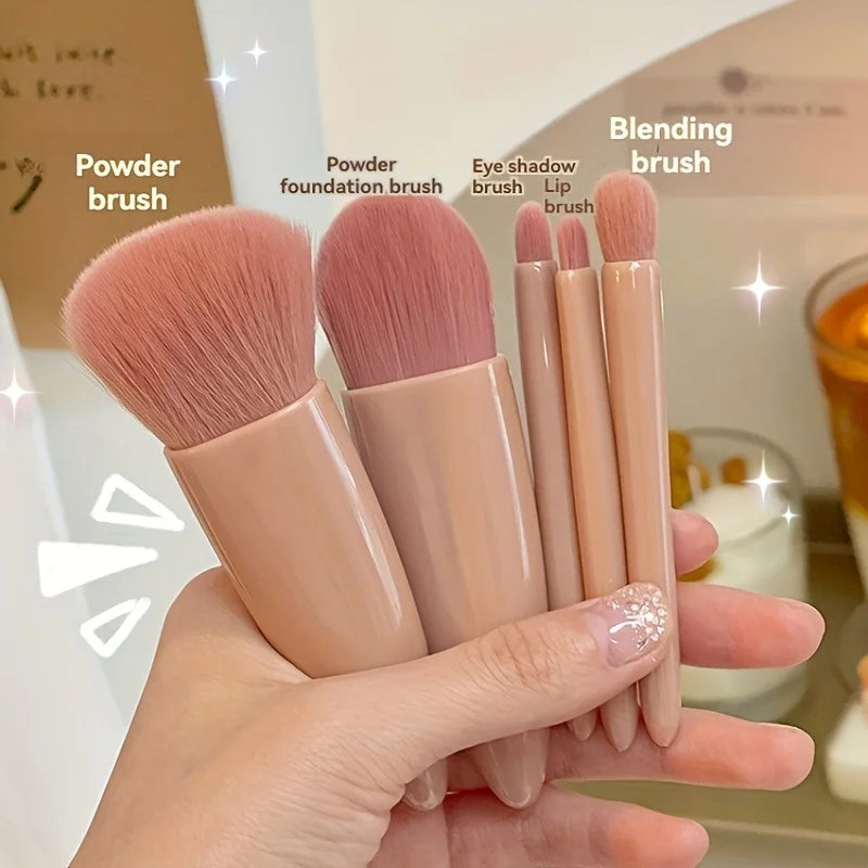 Set Pennelli Trucco Portatile 5 pezzi con Specchio – Kit Makeup da Viaggio