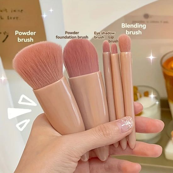Set Pennelli Trucco Portatile 5 pezzi con Specchio – Kit Makeup da Viaggio