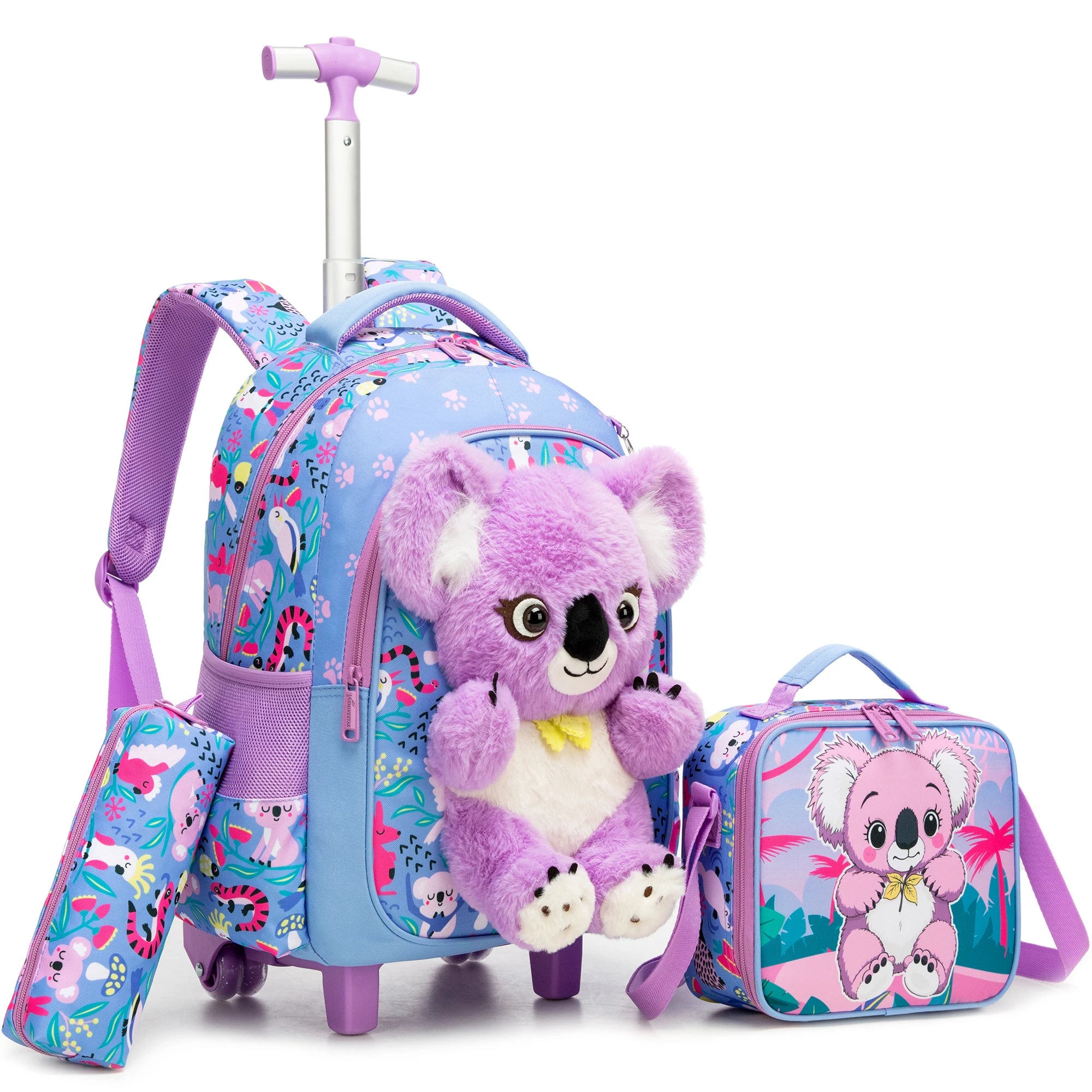 Girls 3D Plush Cat Rolling Backpack 3PCS Set - Waterproof Trolley School Bag with Wheels, Insulated Lunch Bag and Pencil Pouch -