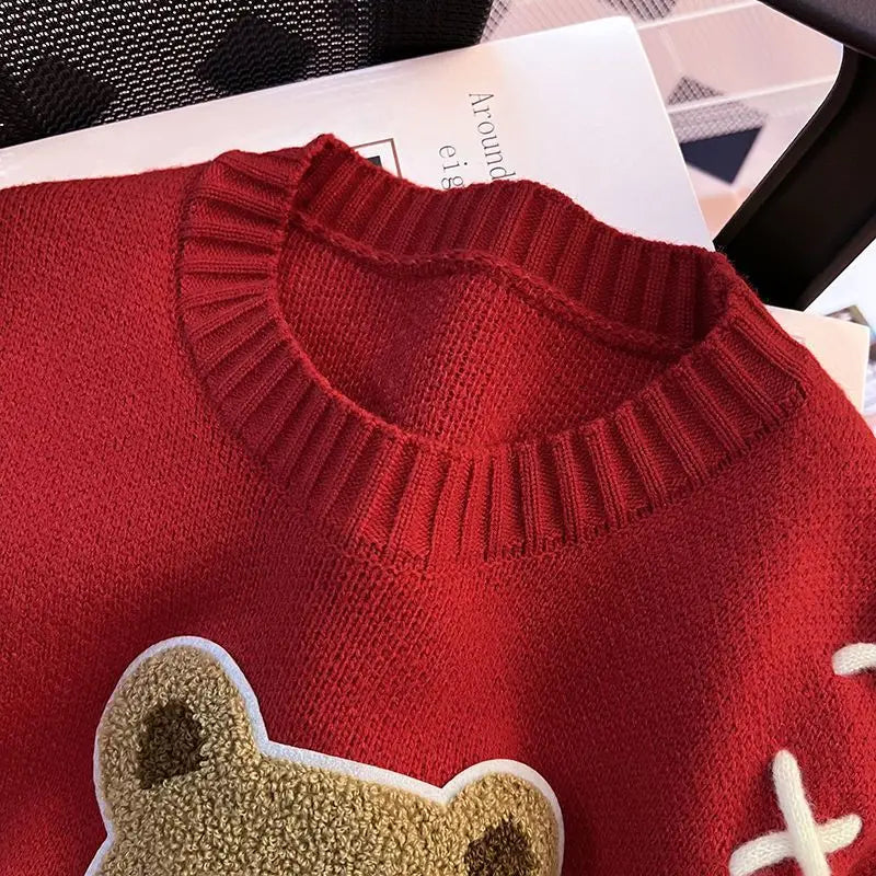 Pullover da donna – Maglione girocollo con orso, taglio loose knit autunno/inverno