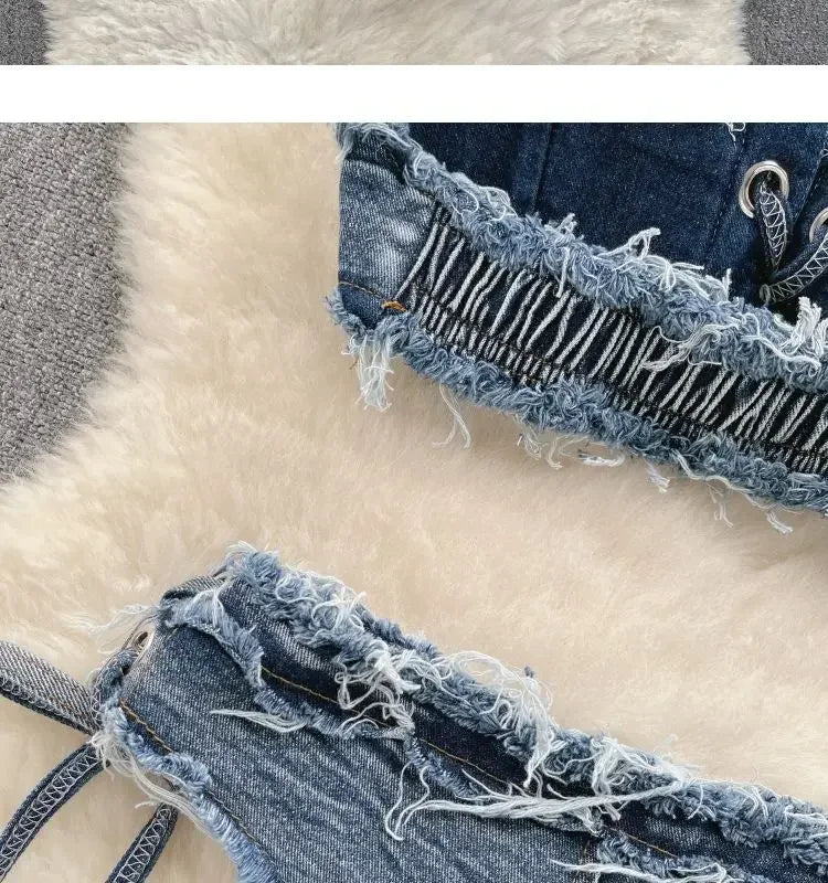 Set bikini donna 2025 con top bra e shorts a vita alta in denim