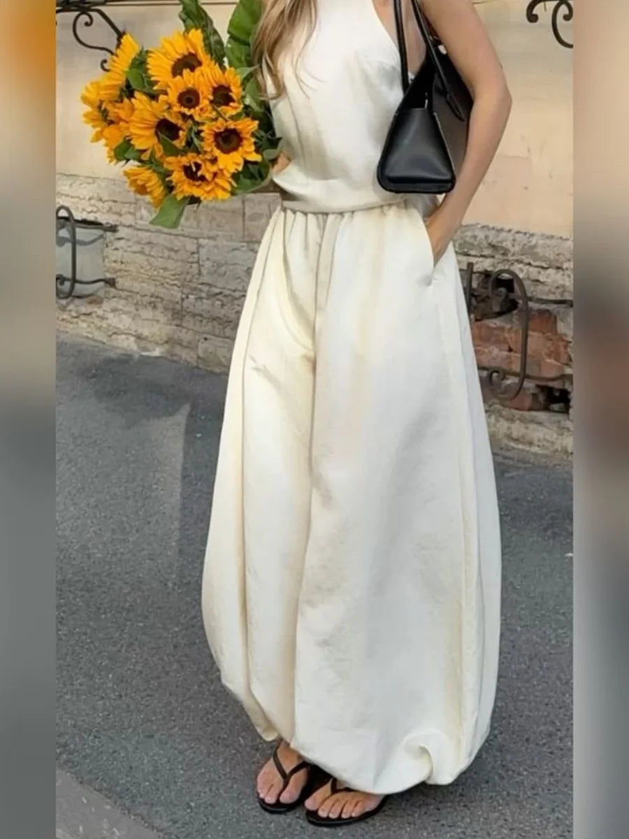Pantaloni Balloon Donna Vita Alta – Wide Leg Bianco con Tasche