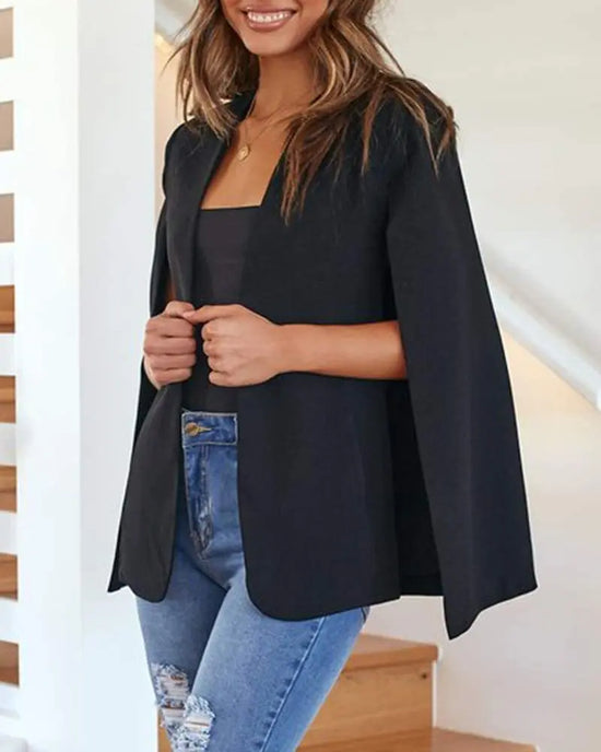 Giacca blazer donna senza colletto stile mantella – giacca da ufficio casual autunno primavera con maniche a mantella e collo aperto