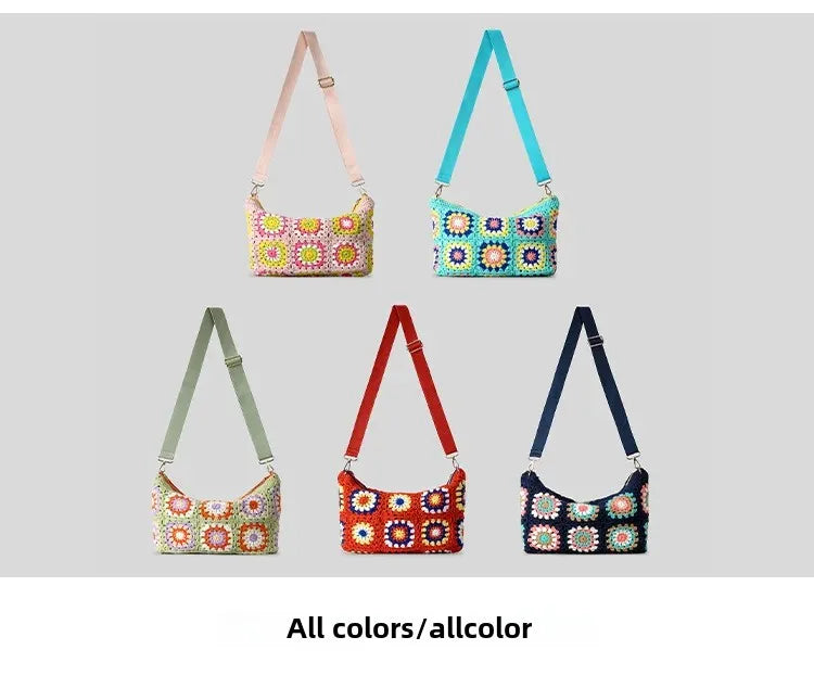 Borsa a tracolla in cotone uncinetto traforato – shoulder bag artigianale floreale con zip, stile boho