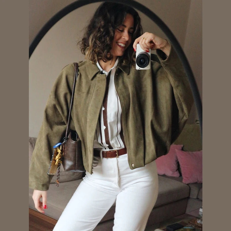 Giacca Bomber Donna con Zip, Collo a Revers e Maniche Lunghe – Giubbotto Corto Stile High Street 2025 per Autunno/Inverno