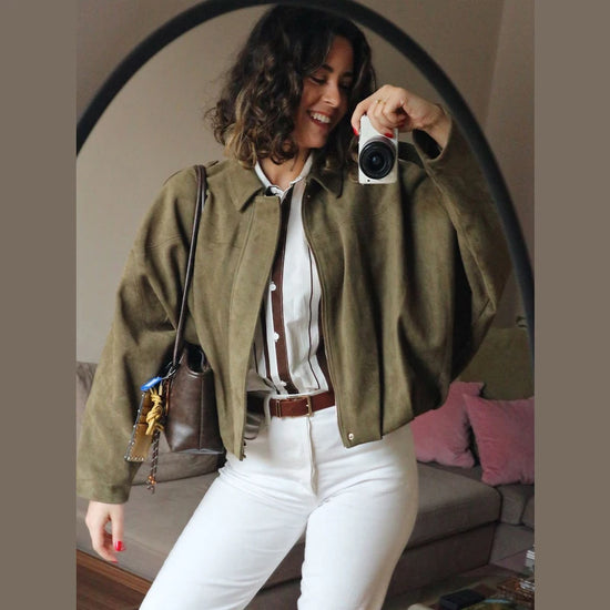 Giacca Bomber Donna con Zip, Collo a Revers e Maniche Lunghe – Giubbotto Corto Stile High Street 2025 per Autunno/Inverno
