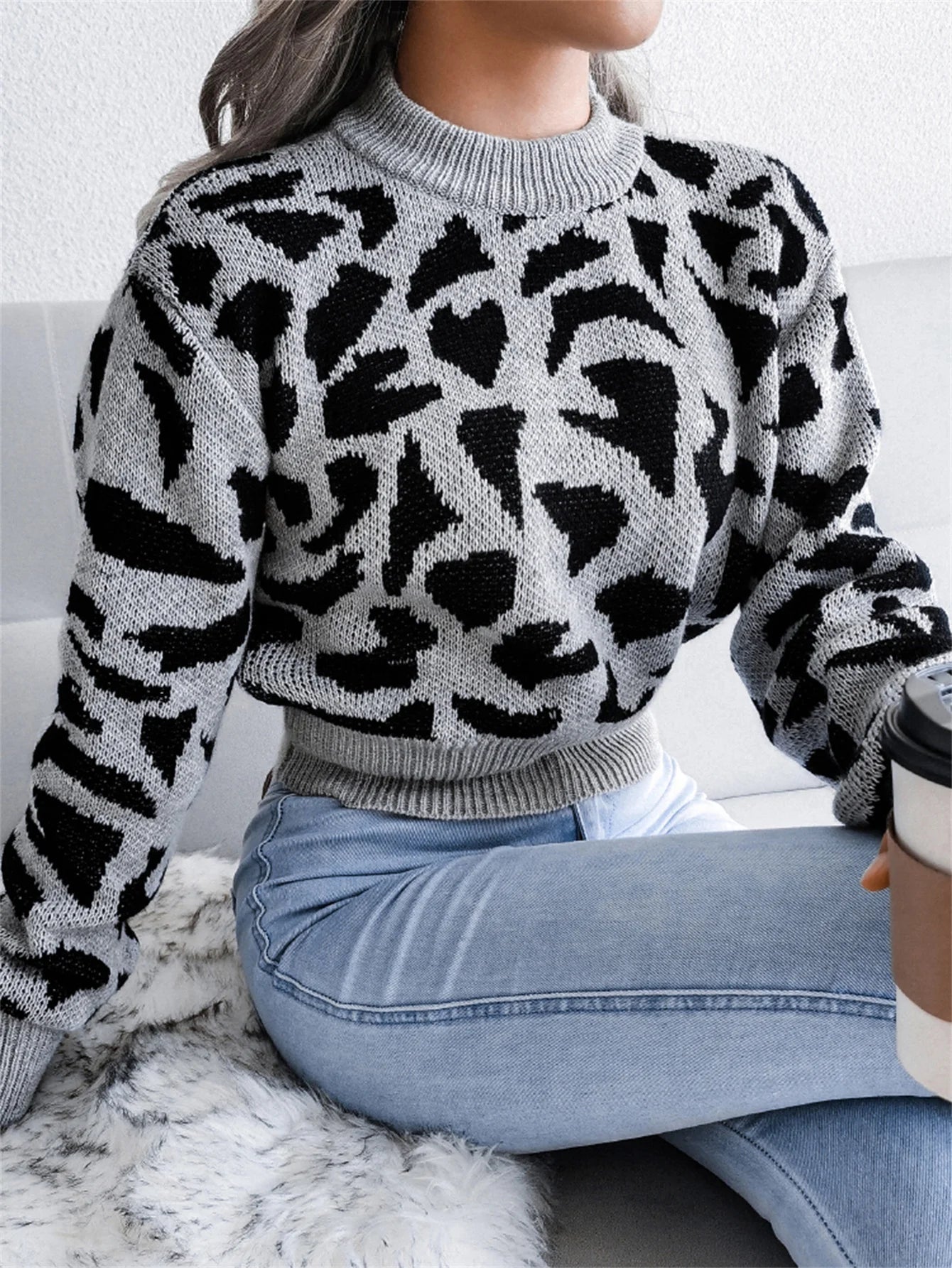 Pullover con stampa leopardata donna – Maglione corto girocollo per autunno/inverno, knit con raccolta in vita