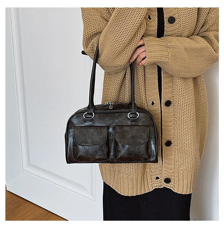 Borsa baguette donna retrò con doppie tasche frontali – trendy piccola underarm per il 2025