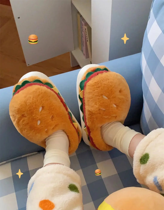 2026 new style autumn and winter fun home cotton slippers couple cute hamburger full-covered heel fuzzy shoes warm men and women