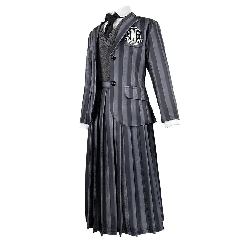 Costume università Mercoledi Addams 2025 – uniforme scolastica cosplay con giacca, gilet, gonna, perfetto per Halloween/adulti e bambini