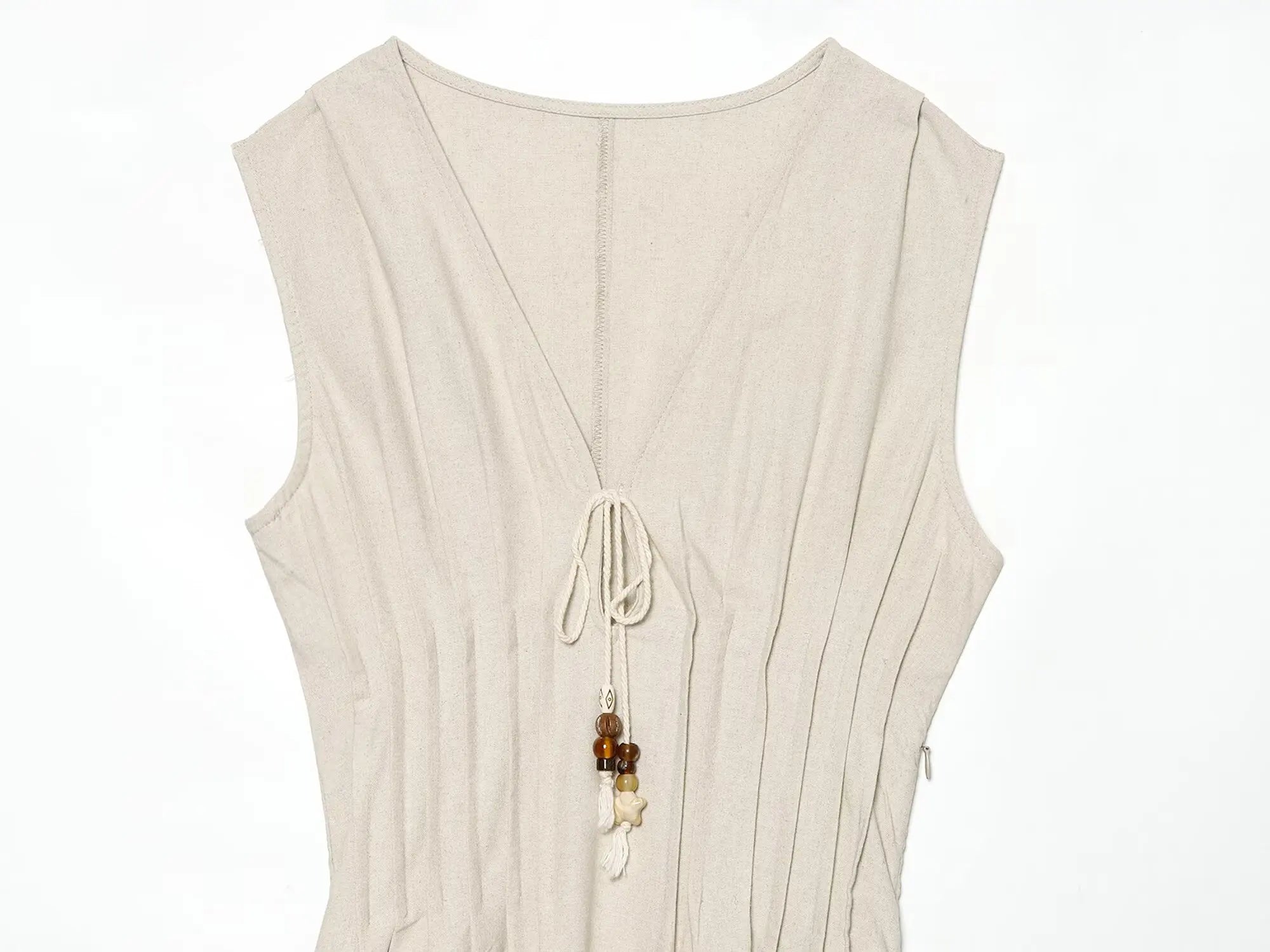 Abito Donna in Lino e Cotone – Vestito Beige Estivo con Scollo a V