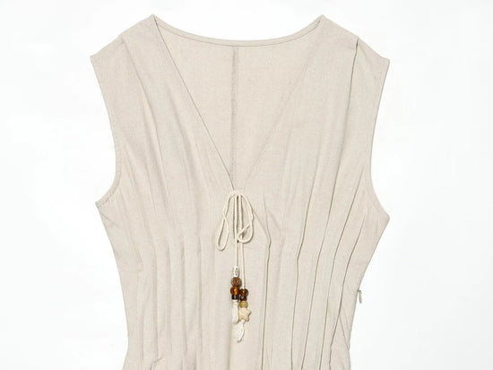 Abito Donna in Lino e Cotone – Vestito Beige Estivo con Scollo a V