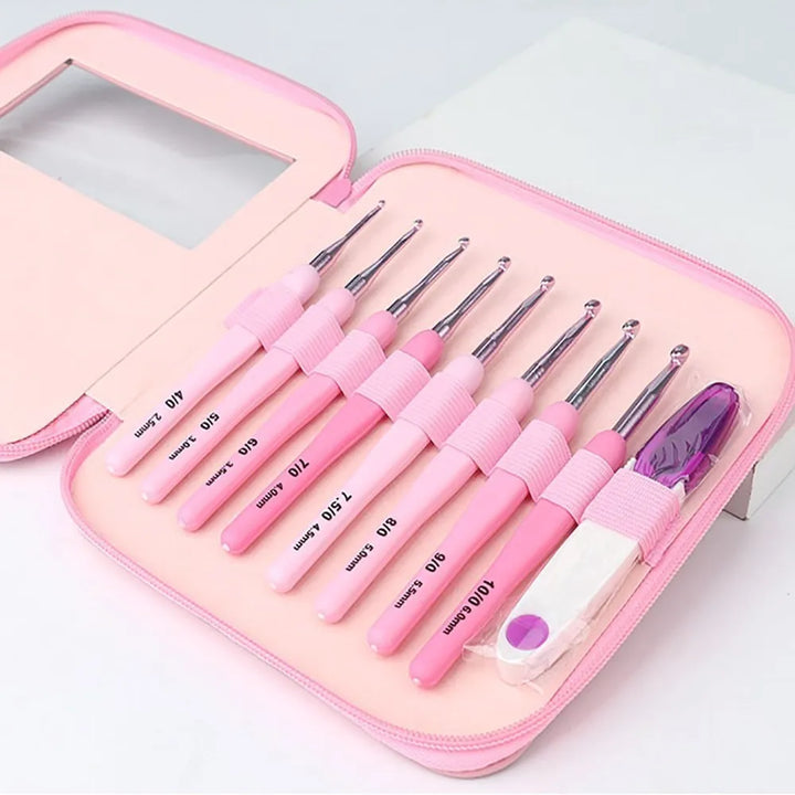 Set Ganci da Cucito a Uncinetto Ergonomici in Alluminio (2,5-6 mm) – 9 pezzi con Impugnatura Morbida per Crochet