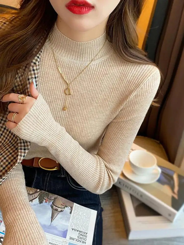 Maglione a collo alto donna 2025 – pullover slim coreano in maglia vintage basic, perfetto per autunno/inverno
