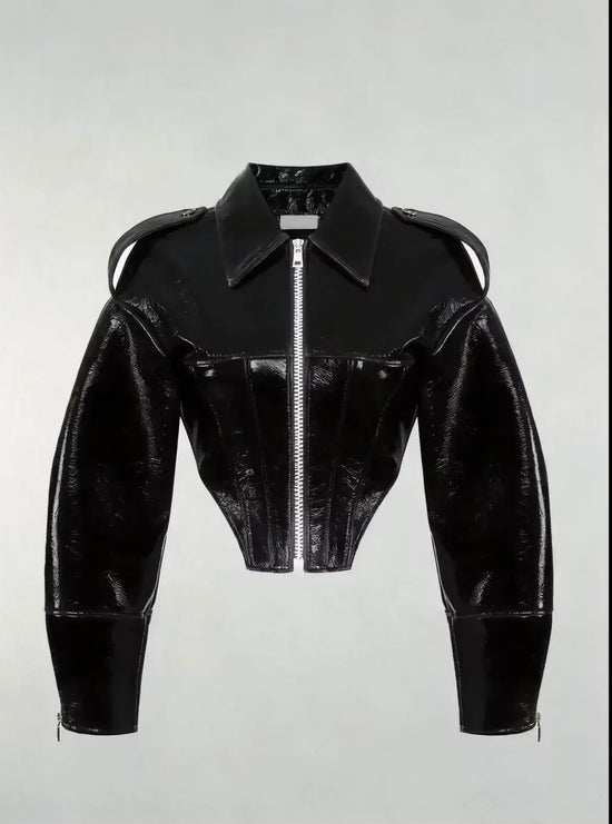 Giacca Biker Donna Effetto Pelle Lucida con Zip – Nero o Rosso