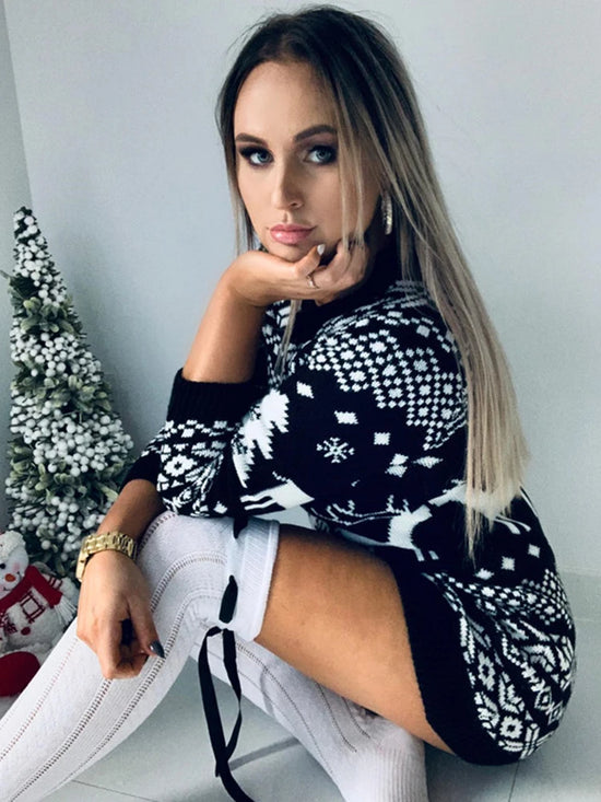 Abito maglione donna autunno/inverno – lungo manica lunga, motivo cervo e rombi, elegante body con per feste natalizie