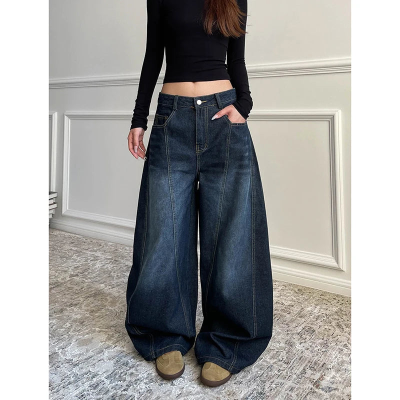 Jeans baggy wide leg donna Y2K – modello retrò vita alta in denim blu oversize 2025