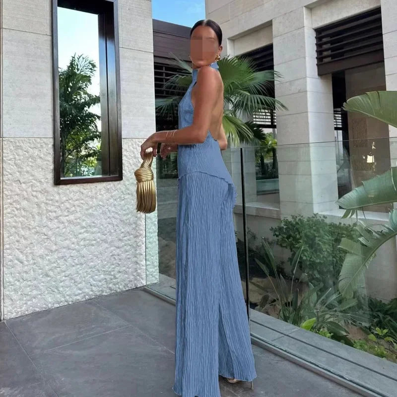 Set donna elegante con top irregolare + pantaloni a zampa bell bottom – completo fashion sexy per outfit da sera / casual chic