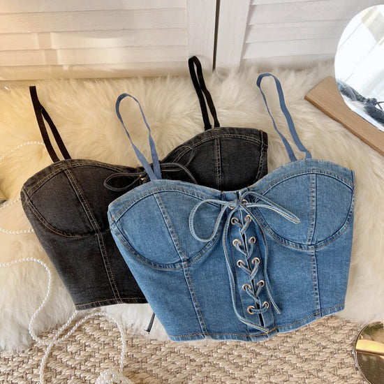 Top Denim Corsetto con Reggiseno Integrato – Crop Top Donna