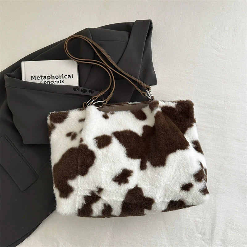 Borsa in Ecopelliccia Donna Animalier Mucca – Grande Capacità a spalla