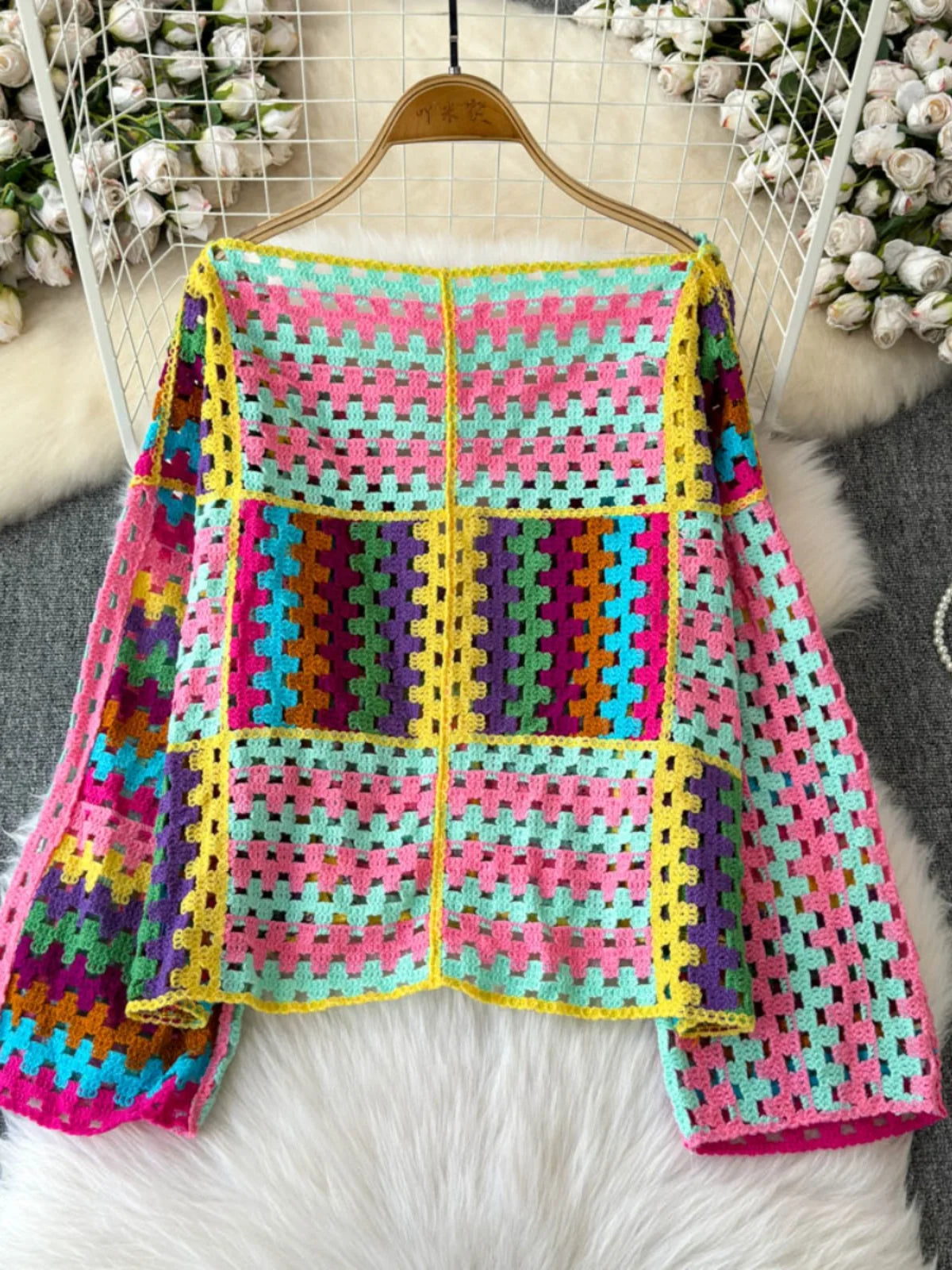 Cardigan multicolore crochet donna – Maglione traforato patchwork openwork
