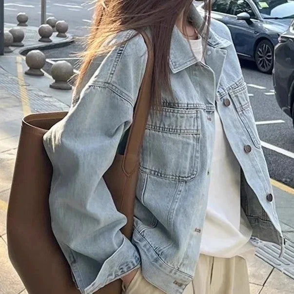 Giacca di jeans donna stile retro – Leggera e casual per primavera e autunno, maniche lunghe, taglio corto e ampio