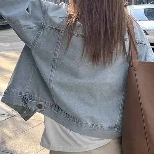 Giacca di jeans donna stile retro – Leggera e casual per primavera e autunno, maniche lunghe, taglio corto e ampio