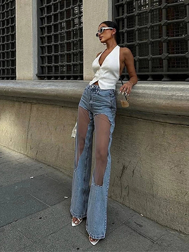 Jeans donna 2025 con pannelli mesh al ginocchio – denim hip-hop a vita alta, stile streetwear trasparente