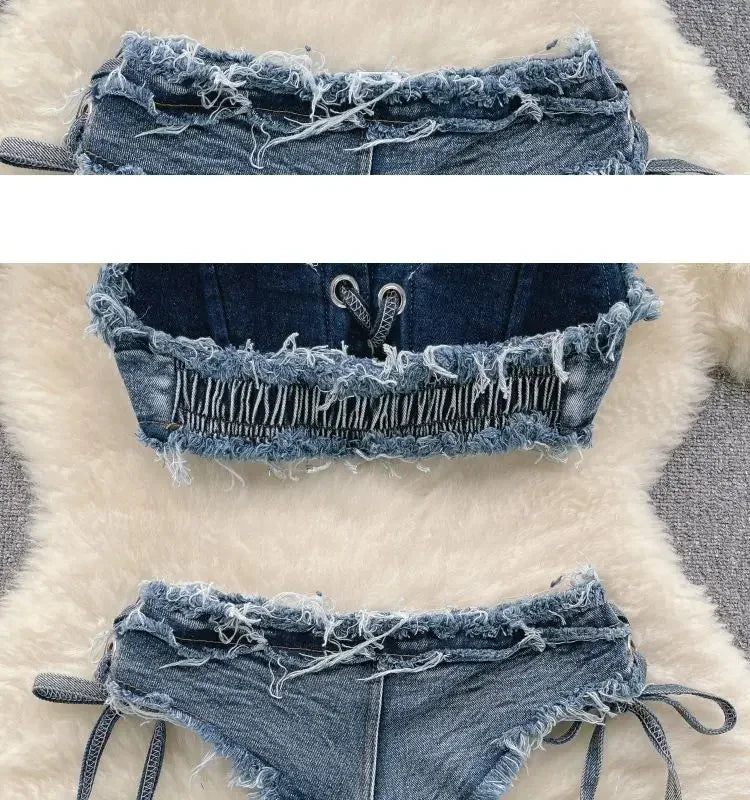 Set bikini donna 2025 con top bra e shorts a vita alta in denim