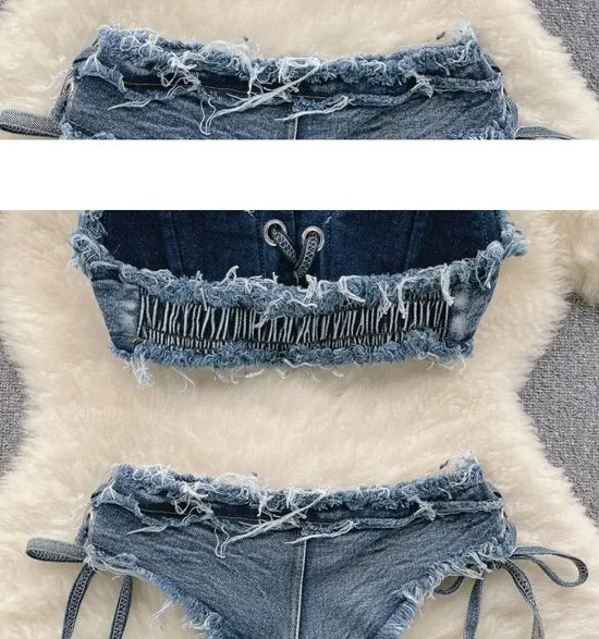 Set bikini donna 2025 con top bra e shorts a vita alta in denim