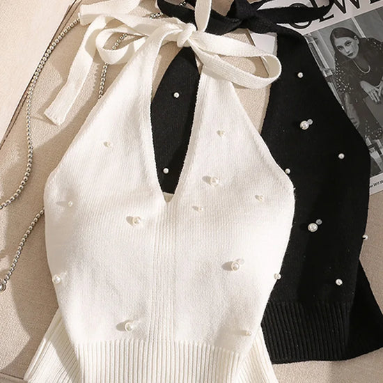 1pc Fashion French Beaded Halter Neck Tie Knot Backless Knitted Vest For Women