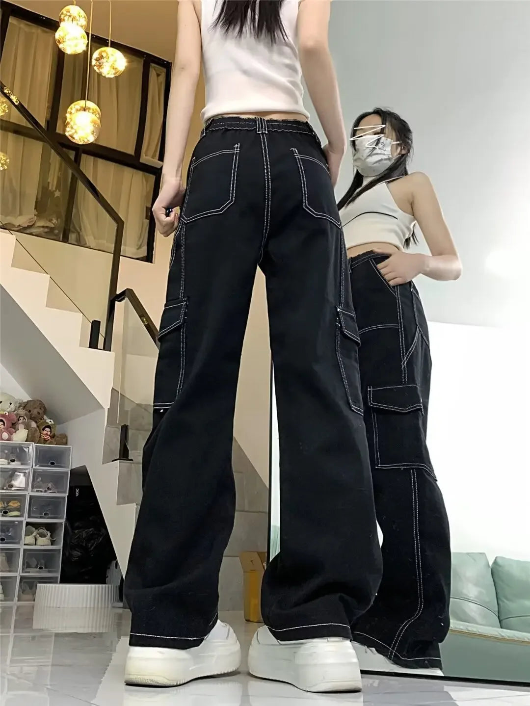 Jeans donna vita alta – Straight / loose fit a gamba dritta, cargo stile, effetto snellente per primavera/autunno