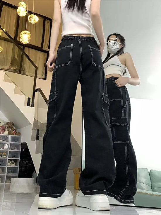 Jeans donna vita alta – Straight / loose fit a gamba dritta, cargo stile, effetto snellente per primavera/autunno