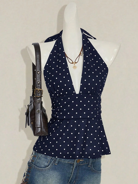 Women's Polka Dot Halter Top Sleeveless Deep V Neck Backless Tie Back Peplum Camisole for Summer