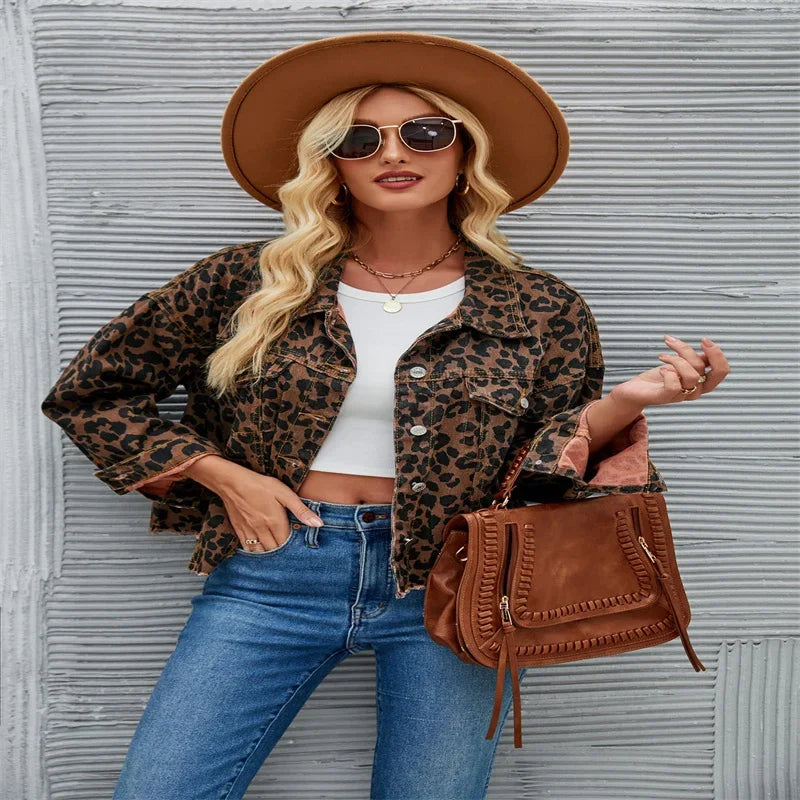 Giacca in denim donna leopard print – blazer oversize a maniche lunghe con collo a rever stile coreano primavera-autunno