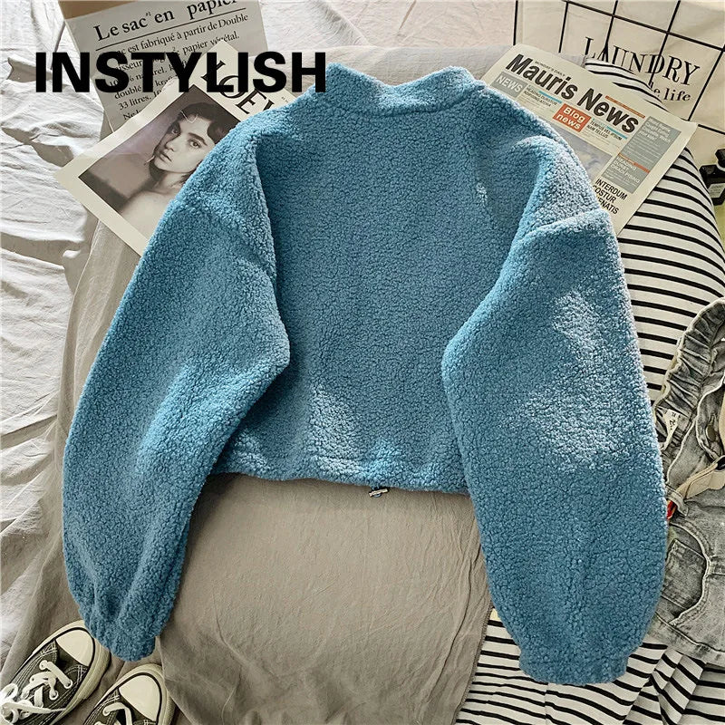 Felpa donna in pile con collo alto, zip e coulisse