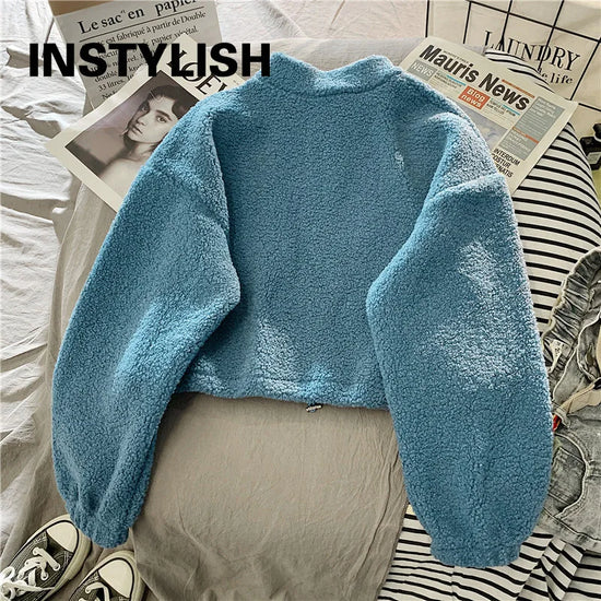 Felpa donna in pile con collo alto, zip e coulisse