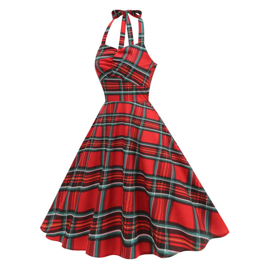 Abito donna autunno-inverno con motivo scozzese natalizio – manica lunga, vita regolare, stile elegante plaid rossa e verde