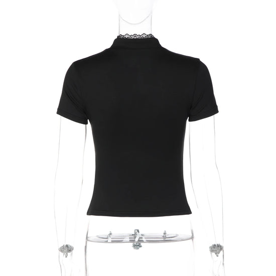 Dulzura O-Neck Short Sleeve Hollow Out Lace Ruffle Patchwork T-Shirt Women'S Solid Sexy Casual Y2K Top Party Club Street Clothes