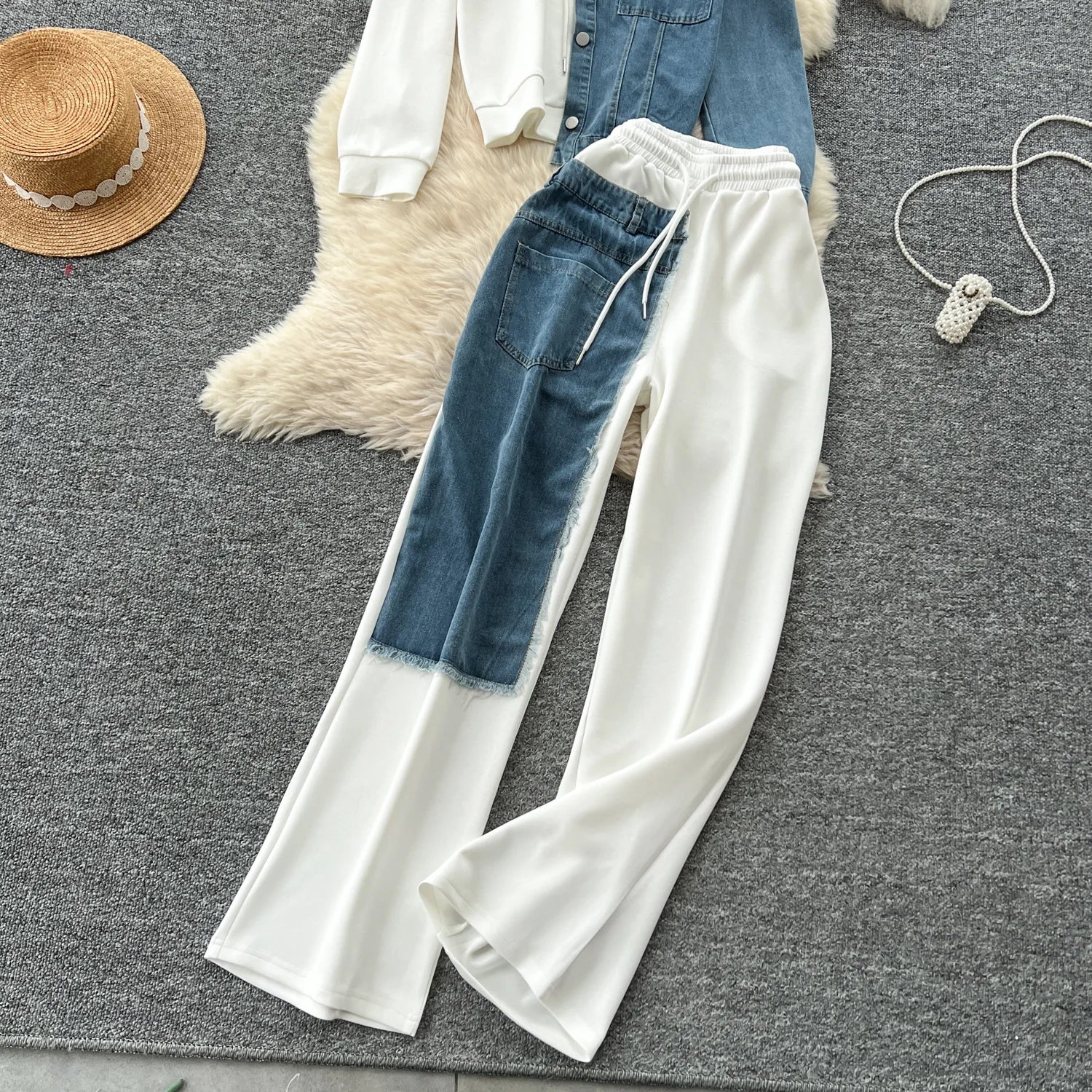 Set denim donna 2025 – completo felpa con cappuccio + pantaloni larghi elasticizzati, co-ord casual trendy