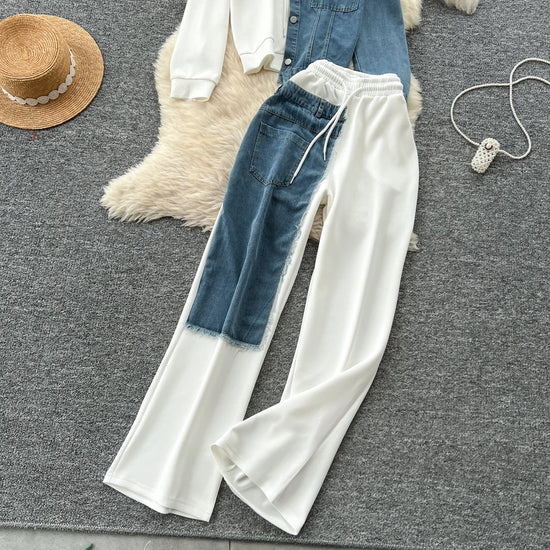 Set denim donna 2025 – completo felpa con cappuccio + pantaloni larghi elasticizzati, co-ord casual trendy