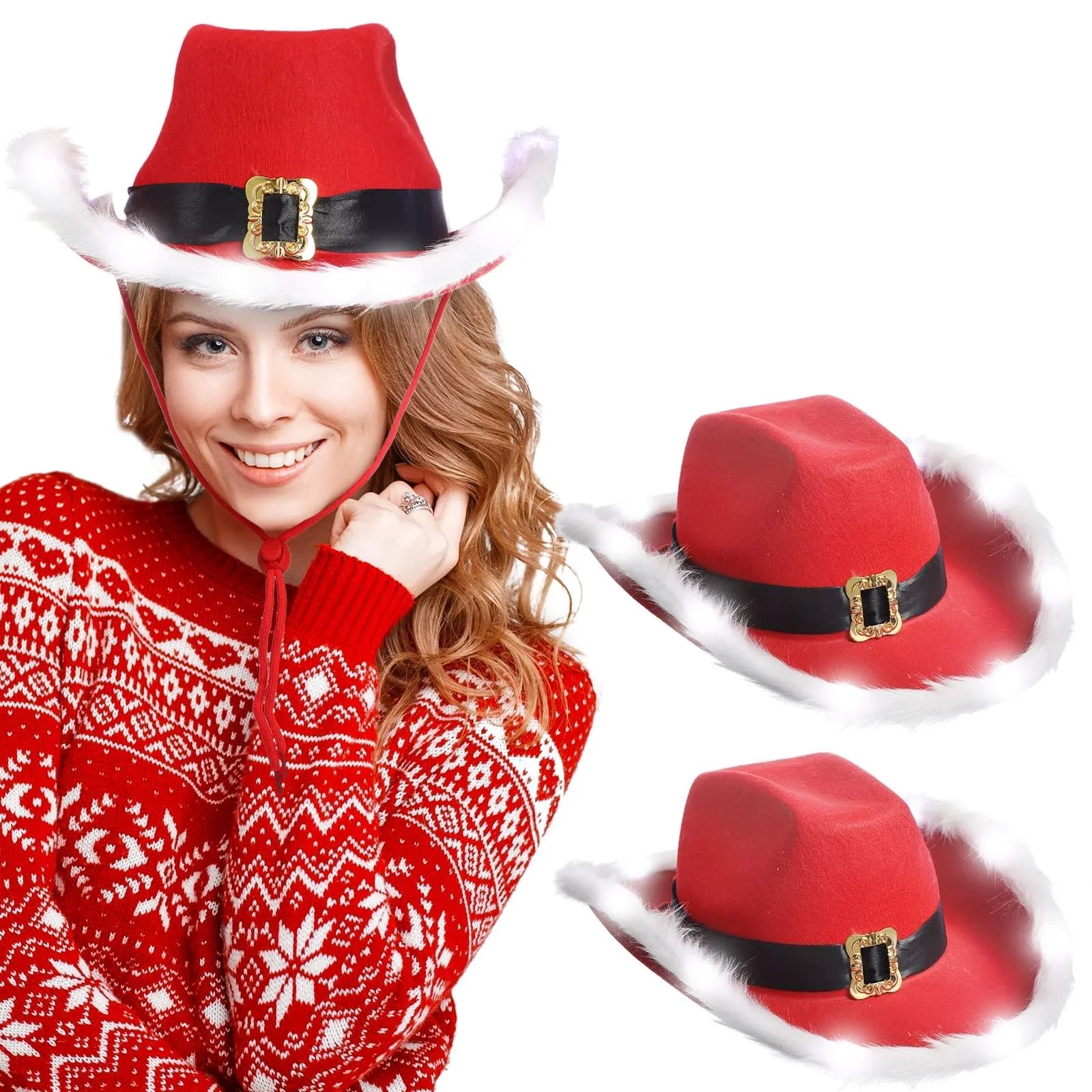 Cappello cowboy “Babbo Natale” rosso in feltro con tesa larga – floccato, unisex per festa western natalizia 2025