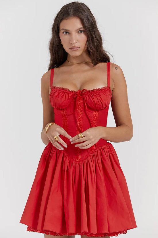 Mini Abito Corsetto in Pizzo Floreale – Estate 2025, Bianco/ Giallo/Rosso/Blu