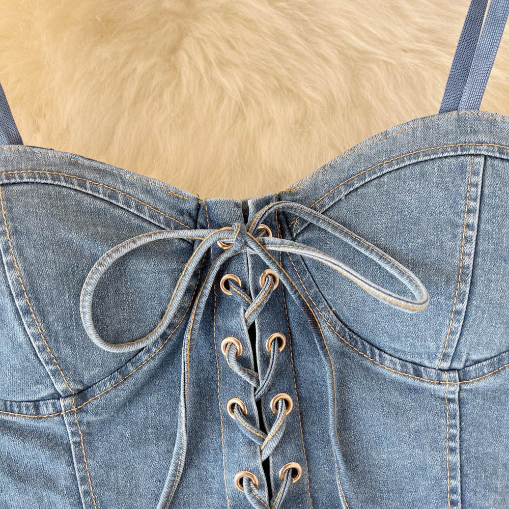 Top Denim Corsetto con Reggiseno Integrato – Crop Top Donna