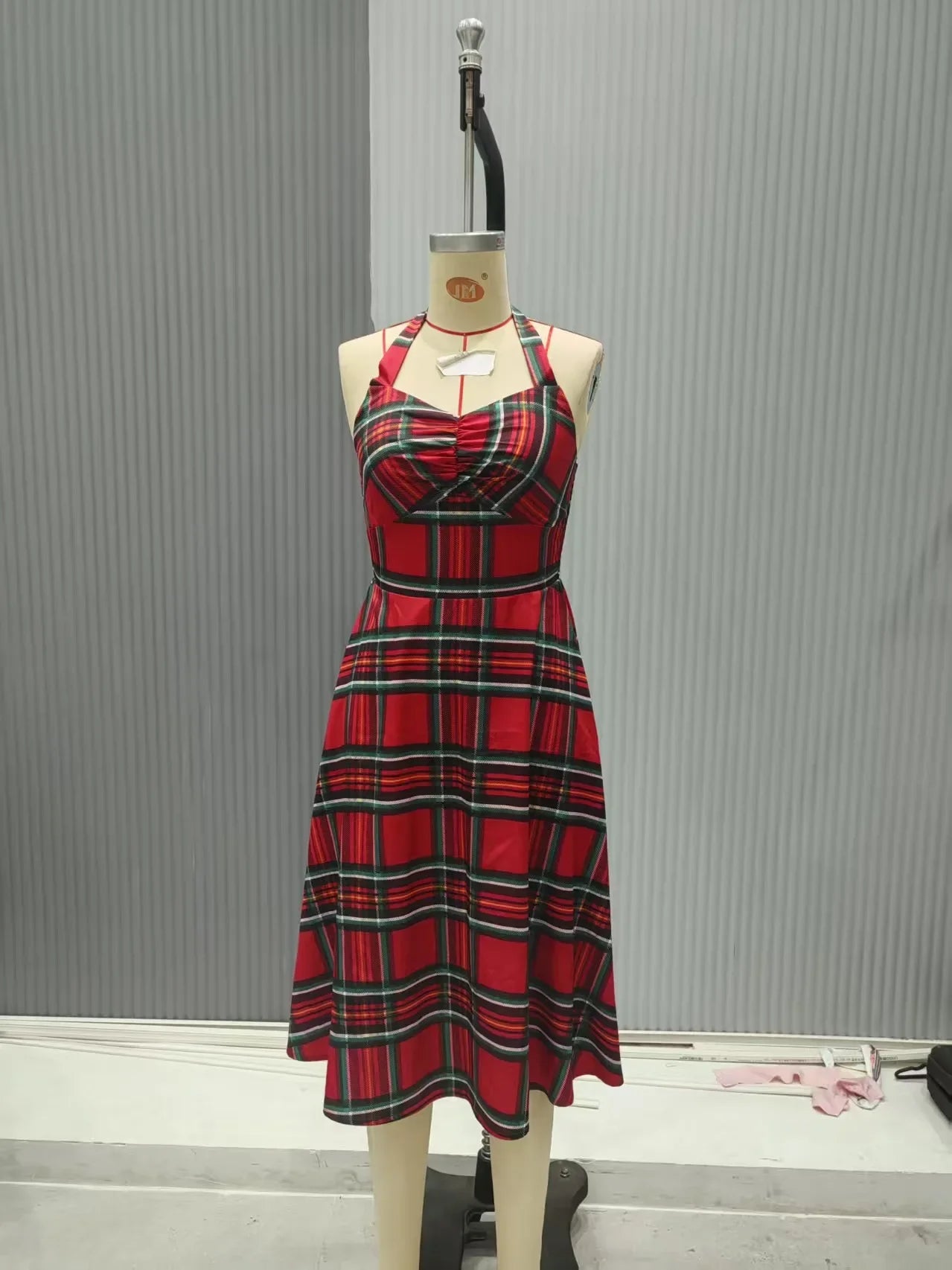 Abito donna autunno-inverno con motivo scozzese natalizio – manica lunga, vita regolare, stile elegante plaid rossa e verde