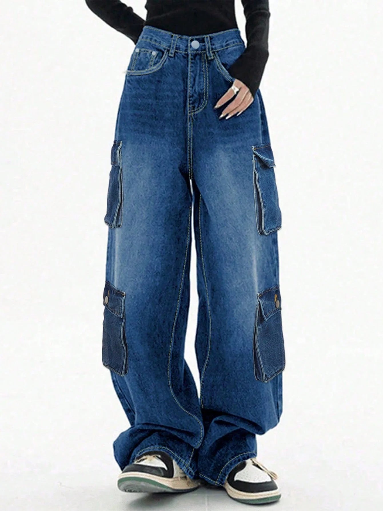 Jeans Baggy cargo straight-leg Y2K donna – vita alta, tasche laterali e stile streetwear dark blue